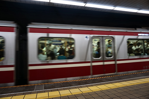 TOKYO, Japan - Sept 10 2018: Peak hours for subway transport in Tokyo. Japanese rush hours, train lines