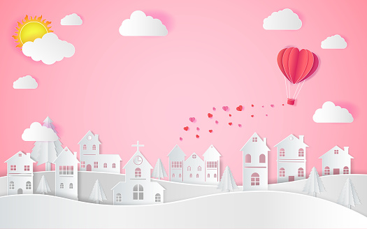 Happy valentine's day, Wedding and paper art concept,the hot air heart balloon, sun and countryside on pink sky as love