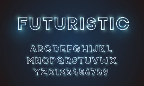 Futuristic vector font typeface unique design. For technology, digital, engineering, digital , gaming, sci-fi and science subjects. All letters and numbers included Vector eps10 illuminated illustrations stock illustrations