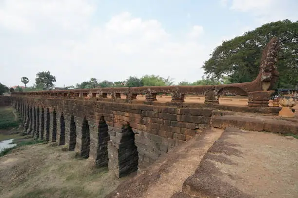 Siem Reap, Cambodia-January 12, 2019: Spean Praptos or Kampong Kdei Bridge in Cambodia used to be the longest corbeled stone-arch bridge in the world