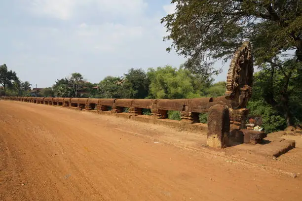 Siem Reap, Cambodia-January 12, 2019: Spean Praptos or Kampong Kdei Bridge in Cambodia used to be the longest corbeled stone-arch bridge in the world
