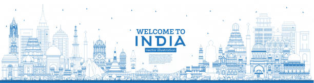 ilustrações de stock, clip art, desenhos animados e ícones de outline welcome to india city skyline with blue buildings. - india bangalore contemporary skyline