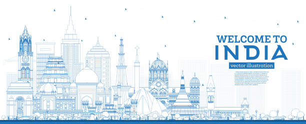 ilustraciones, imágenes clip art, dibujos animados e iconos de stock de esquema bienvenido al skyline de la ciudad de la india con edificios de azul. - india bangalore contemporary skyline