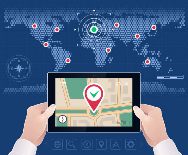 Finding Location On Global Map City map of a mobile app shown on screen of a tablet PC which is held by human hands all of them are on a world map background. Illustration on the subject of 'Global Positioning System / GPS Navitation'. GPS tracker stock illustrations