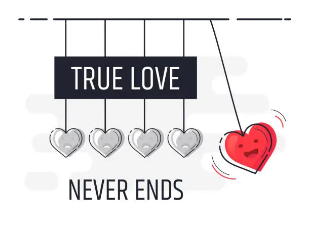 Vector illustration of True Love never ends.  Newton's cradle with glowing heart.