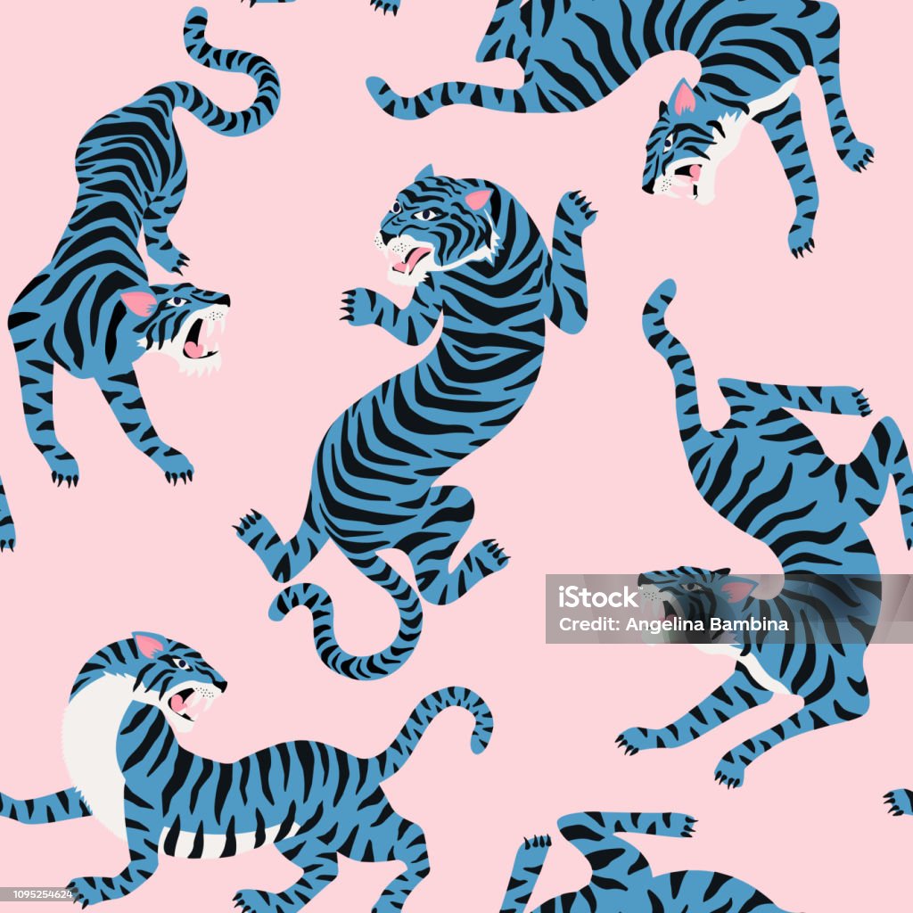 Vector seamless pattern with cute tigers on background. Vector seamless pattern with cute tigers on background. Circus animal show Fashionable fabric design. Pattern stock vector