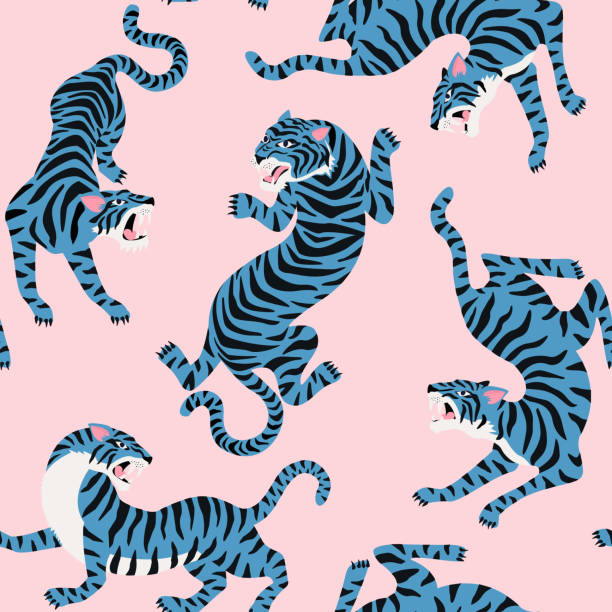 Vector seamless pattern with cute tigers on background. Vector seamless pattern with cute tigers on background. Circus animal show Fashionable fabric design. boho illustrations stock illustrations