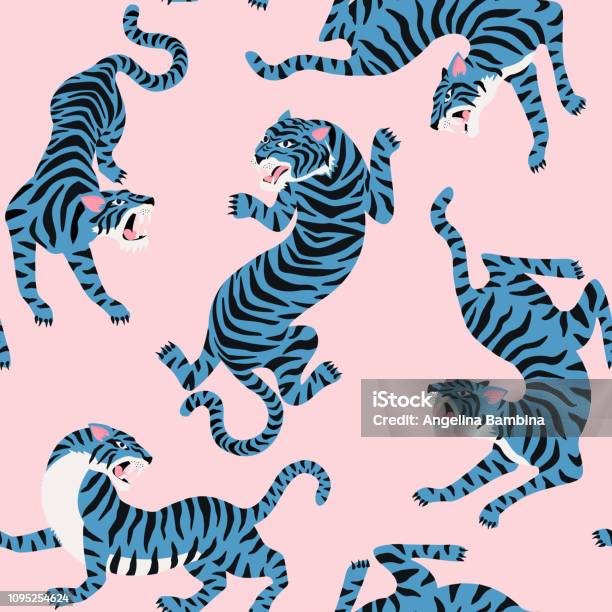 Vector Seamless Pattern With Cute Tigers On Background Stock Illustration - Download Image Now