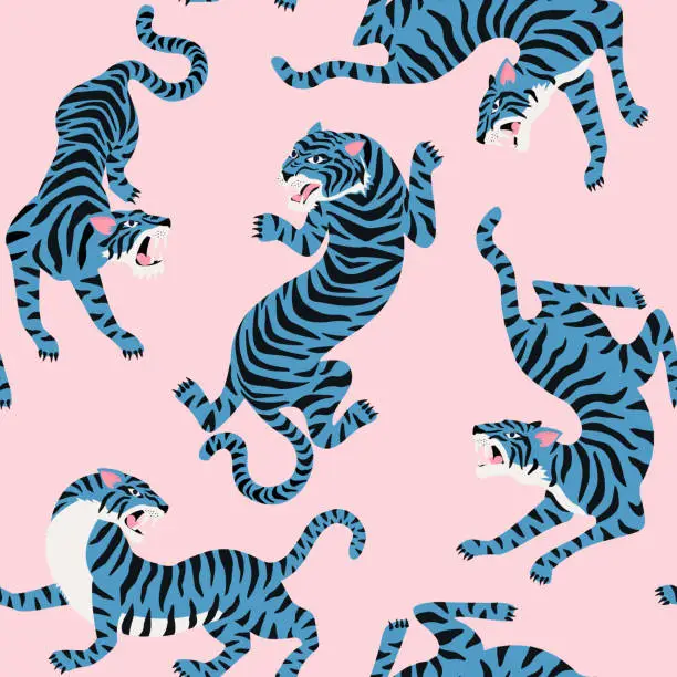 Vector illustration of Vector seamless pattern with cute tigers on background.