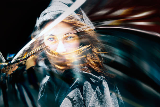 Double exposure, beautiful girl and cityscape. Creative concept - city life.