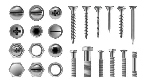 illustrations, cliparts, dessins animés et icônes de vis à métal set vector. boulon en acier inoxydable. outils de réparation du matériel. icônes de la tête. clous, rivets, écrous. illustration isolée réaliste - work tool bolt nut symbol