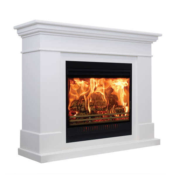 istock Burning white fireplace isolated on white background 1095272624