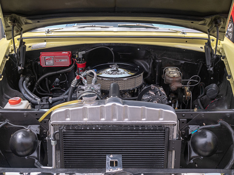 San Francisco, CA AUGUST 5, 2018: Edelbrock engine block sitting in a classic Chevy car