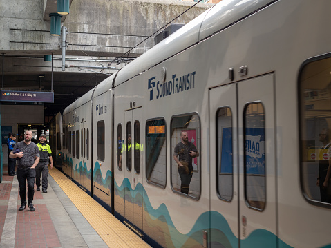 Seattle, WA AUGUST 26, 2018: Passengers set to board the Sound Transit Link light rail train