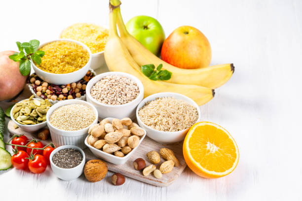 Selection of good carbohydrates sources. Healthy vegan diet stock photo