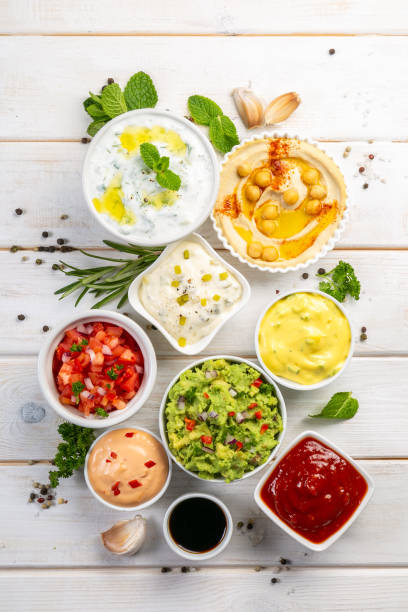 istock Selection of sauces in white bowls on white bowls 1095282544