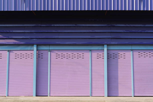 Purple roller shutter doors closed, Purple metal garage door