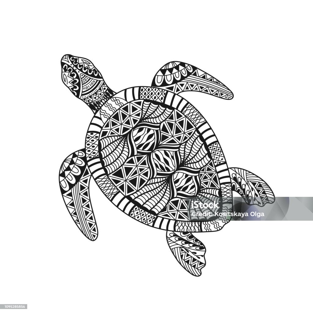 Isolated hand drawn black outline abstract ornate turtle on white background. Ornament of curve lines. Page of coloring book. Isolated hand drawn black outline abstract ornate turtle on white background. Ornament of curve lines. Page of coloring book Turtle stock vector