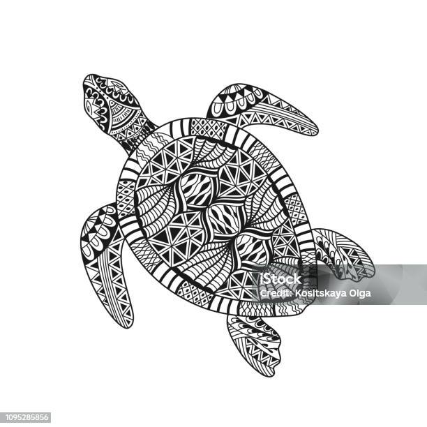 Isolated Hand Drawn Black Outline Abstract Ornate Turtle On White Background Ornament Of Curve Lines Page Of Coloring Book Stock Illustration - Download Image Now