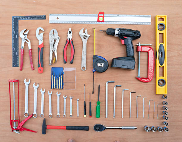istock Craftsman tool on wooden top view 1095286528