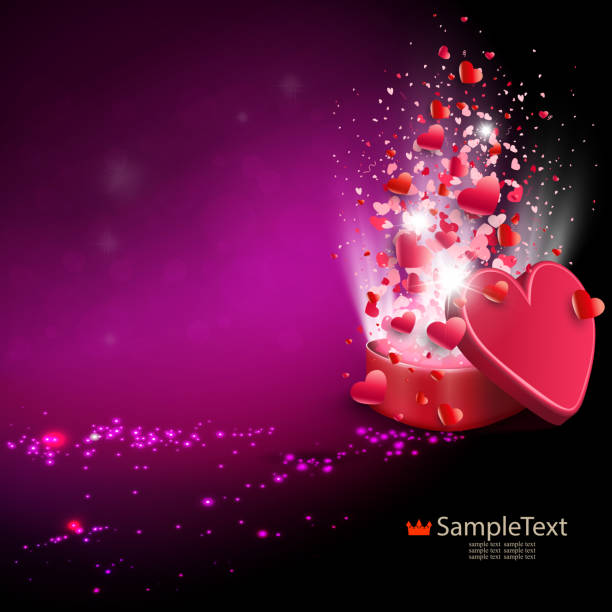 istock Dark purple composition with glitter and red box with a fountain of hearts. 1095289736