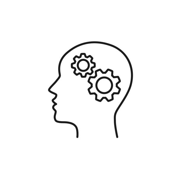 Black isolated outline icon of head of man and cogwheel on white background. Line icon of head and gear wheel. Black isolated outline icon of head of man and cogwheel on white background. Line icon of head and gear wheel gears icon white stock illustrations