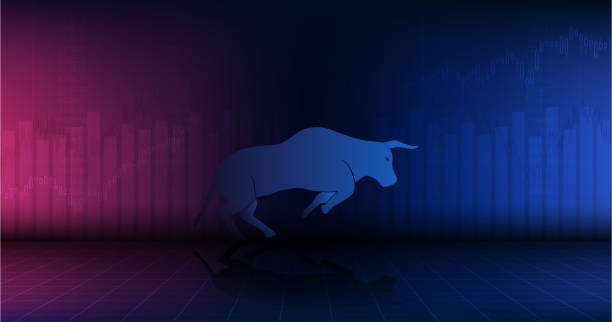 istock Widescreen abstract financial chart with uptrend line graph arrow and walking bull icon in stock market on red and blue color background 1095305796