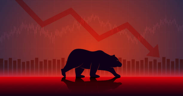 istock Widescreen Abstract financial chart with downtrend line graph and bear go down in stock market on red color background 1095305830