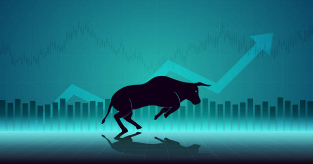 istock Widescreen abstract financial chart with uptrend line graph arrow and walking bull icon in stock market on blue color background 1095305860