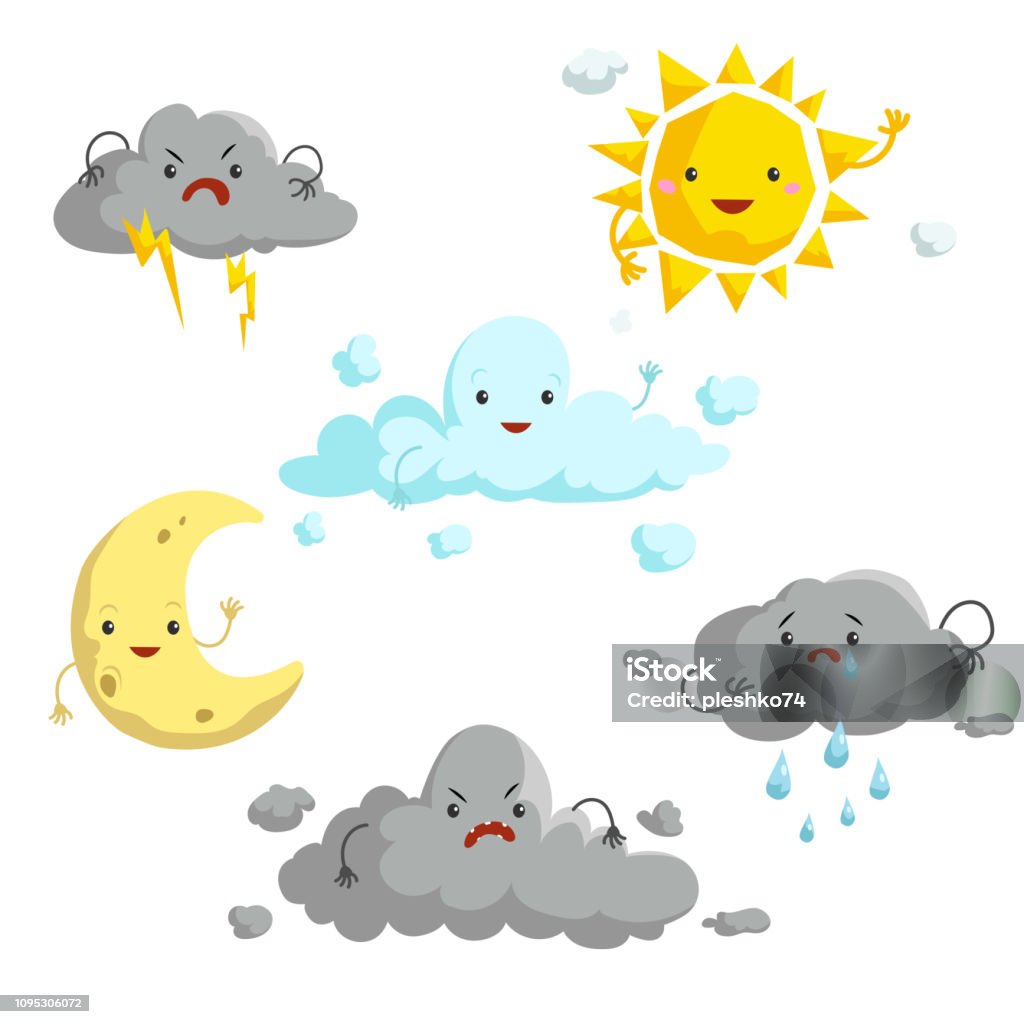 Cartoon weather mascots set. Comic anime style characters. Sun, clouds, rain, crescent, thunderstorm. Vector illustrations isolated on white background. Anthropomorphic Face stock vector