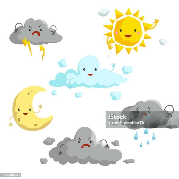 Cartoon Weather Mascots Set Comic Anime Style Characters Sun Clouds Rain Crescent Thunderstorm Vector Illustrations Isolated On White Background Stock Illustration - Download Image Now