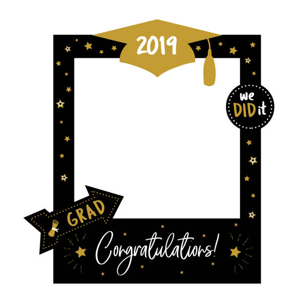 Photo booth props frame for graduation party Graduation party photo booth props. Frame with cap for grads. Concept for selfie. Photobooth vector element. Congradulation grad quote. Gold and black decoration for celebration booth photos stock illustrations