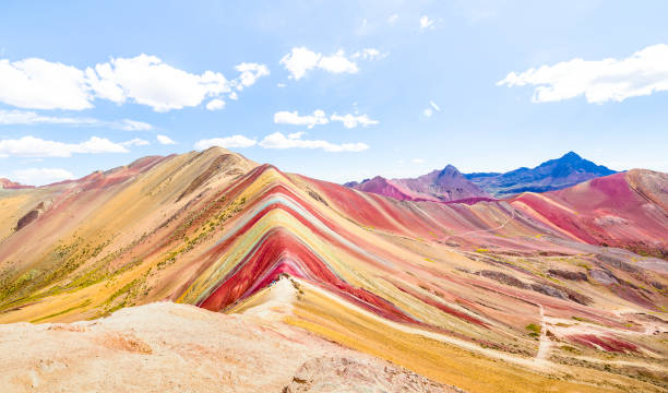 Panoramic view of Rainbow Mountain at Vinicunca mount in Peru - Travel and wanderlust concept exploring world nature wonders - Vivid multicolor filter with bright enhanced color tones Panoramic view of Rainbow Mountain at Vinicunca mount in Peru - Travel and wanderlust concept exploring world nature wonders - Vivid multicolor filter with bright enhanced color tones base camp stock pictures, royalty-free photos & images