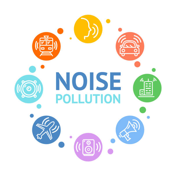 шумовое загрязнение концепция карты круглый дизайн. вектор - environmental damage audio stock illustrations