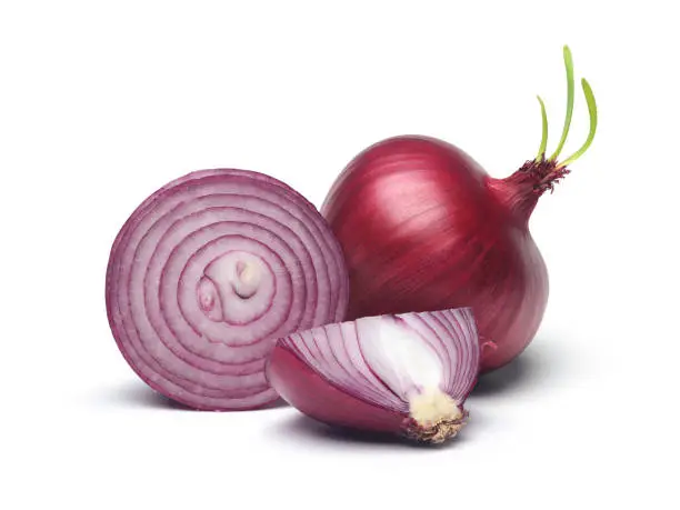 Red onion and slices with green sprout isolated on white background