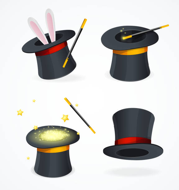 realistyczny szczegółowy zestaw czarnych magicznych czapek 3d. wektor - magician magic trick hat magic wand stock illustrations
