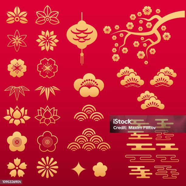 Vector Set Of Asian Gold Floral Patterns And Ornaments Stock Illustration - Download Image Now
