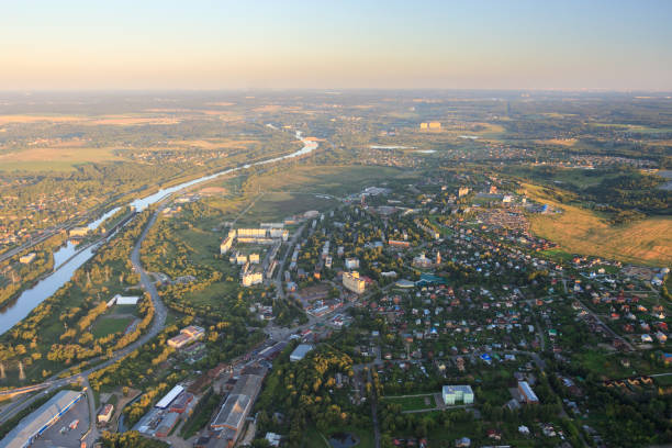 istock Balloon flight over the city and the river 1095339140
