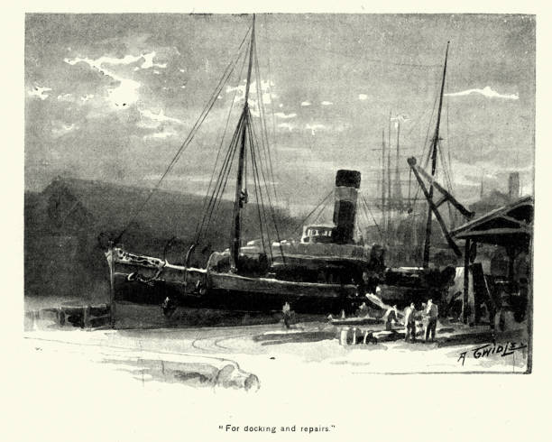 Vintage engraving of Steamship in for docking and repairs, Late Victorian, 19th Century.