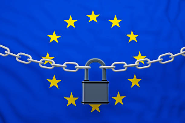 istock Europe flag closed chain with padlock 1095347598