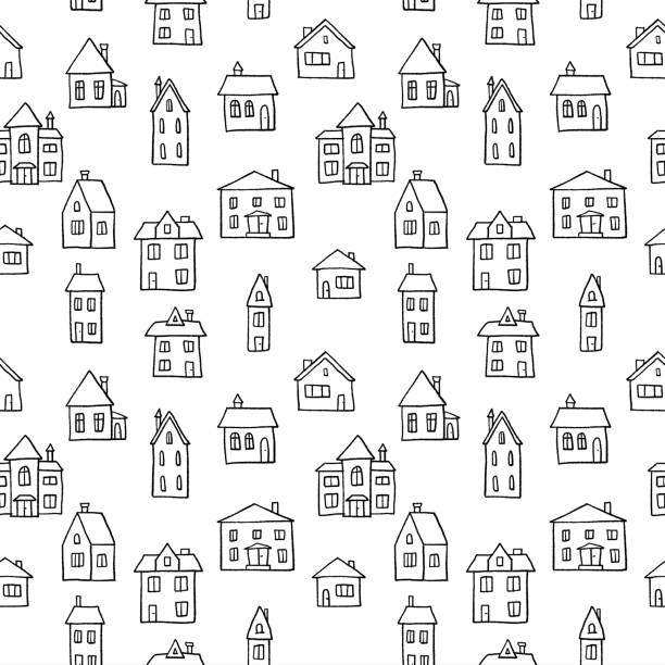 domy czarno-białe - seamless house pattern town stock illustrations