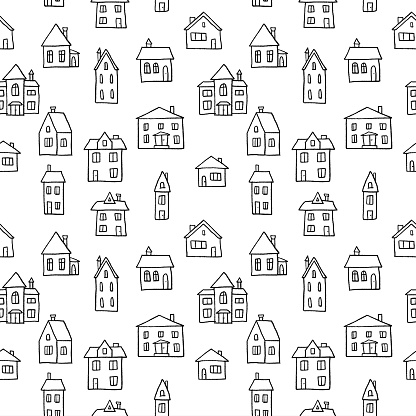 House doodle pattern - village vector illustration. Seamless texture in black and white.