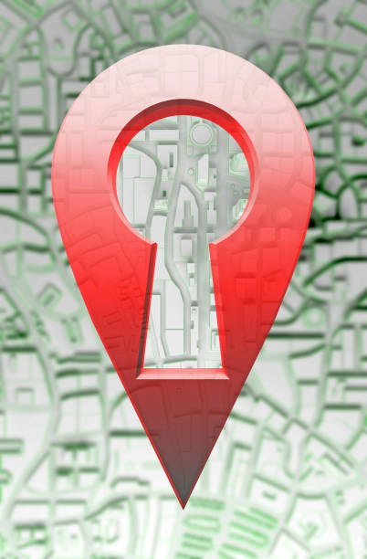 navigation marker with keyhole on abstract city. 3d rendering