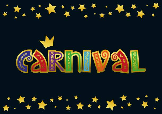 ilustrações de stock, clip art, desenhos animados e ícones de colorful lettering of carnival with golden ornament on dark background with stars and crown - mardi gras vector illustration and painting crown