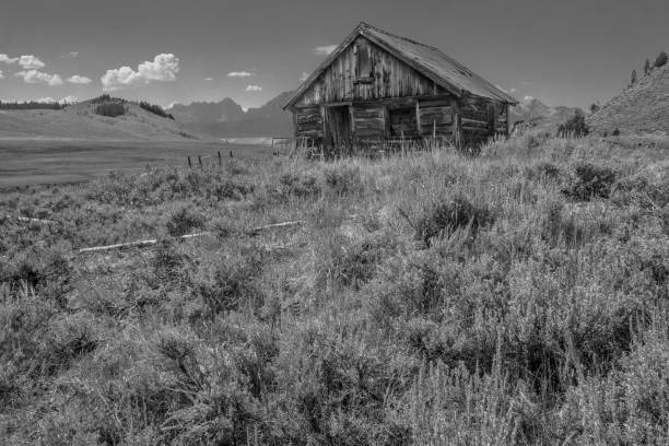 istock Sawtooth Mountain Log Cabin in Black & White 1095353024
