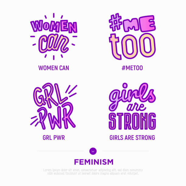 illustrations, cliparts, dessins animés et icônes de autocollants de féminisme avec les guillemets : femmes peut, moi aussi, power girl, les filles sont fortes. style de ligne mince d’icône. illustration vectorielle moderne. - metoo