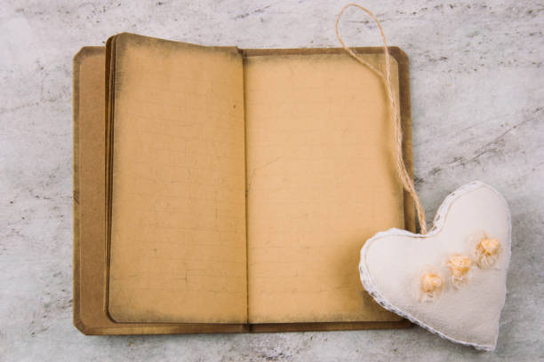 istock stuffed toy heart and vintage paper open notebook 1095362614