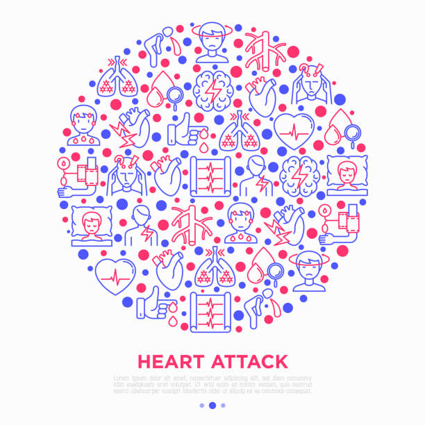 illustrazioni stock, clip art, cartoni animati e icone di tendenza di concetto di sintomi di infarto nelle icone a linea sottile del cerchio: vertigini, dispnea, cardiogramma, attacco di panico, debolezza, dolore acuto, livello di colesterolo, diabete. illustrazione vettoriale, modello di supporto di stampa. - pain heart attack heart shape healthcare and medicine