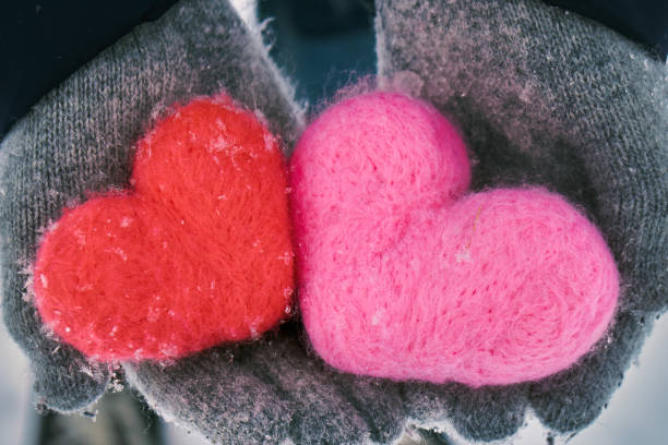 istock Hands in wollen gloves holding two woolen hearts covered with snowflakes 1095363734