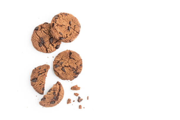 homemade chocolate chips cookies on white background in top view stock photo
